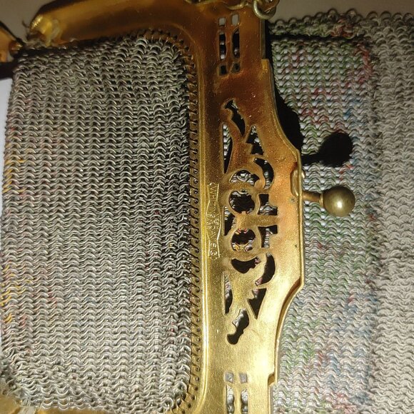 Vintage Whiting Davis Mesh Purse Chain Strap Gold Floral Frame Art Deco Bag - Picture 6 of 8